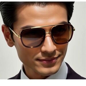 Retro Sunglasses Square Frame Gold Accent Brown Lens Fashion Shades Driving Gafa